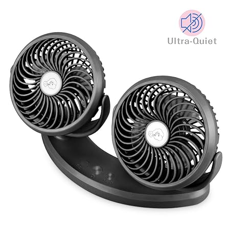 Doppelkopf-Auto-Fan Mini-USB-Ventilator-tragbar 3 Geschwindigkeit Einstellbare leise Sommerkühlluft 340-Grad-Drehung (schwarz