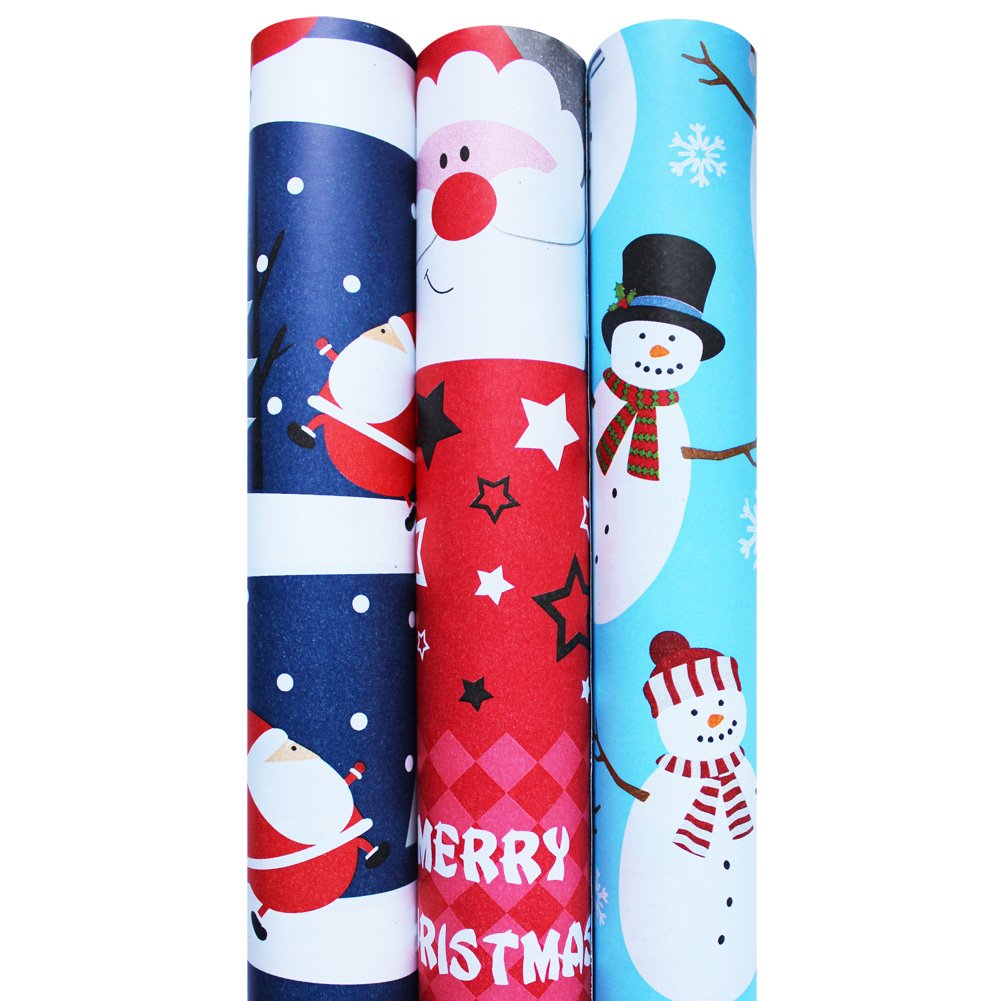 Christmas Holiday Gift Wrapping Paper Rolls Extra Width- Pack of 3 Rolls 120SQFT Whimsical Santa, Merry Christmas, Juvenile Snowman
