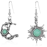 Vavhoo Boho Opal Sun and Moon Drop Dangle Earrings Moonstone Natural Stone Hook Bohemian for Women Asymmetrical Antiqued Silver Celestial Jewelry