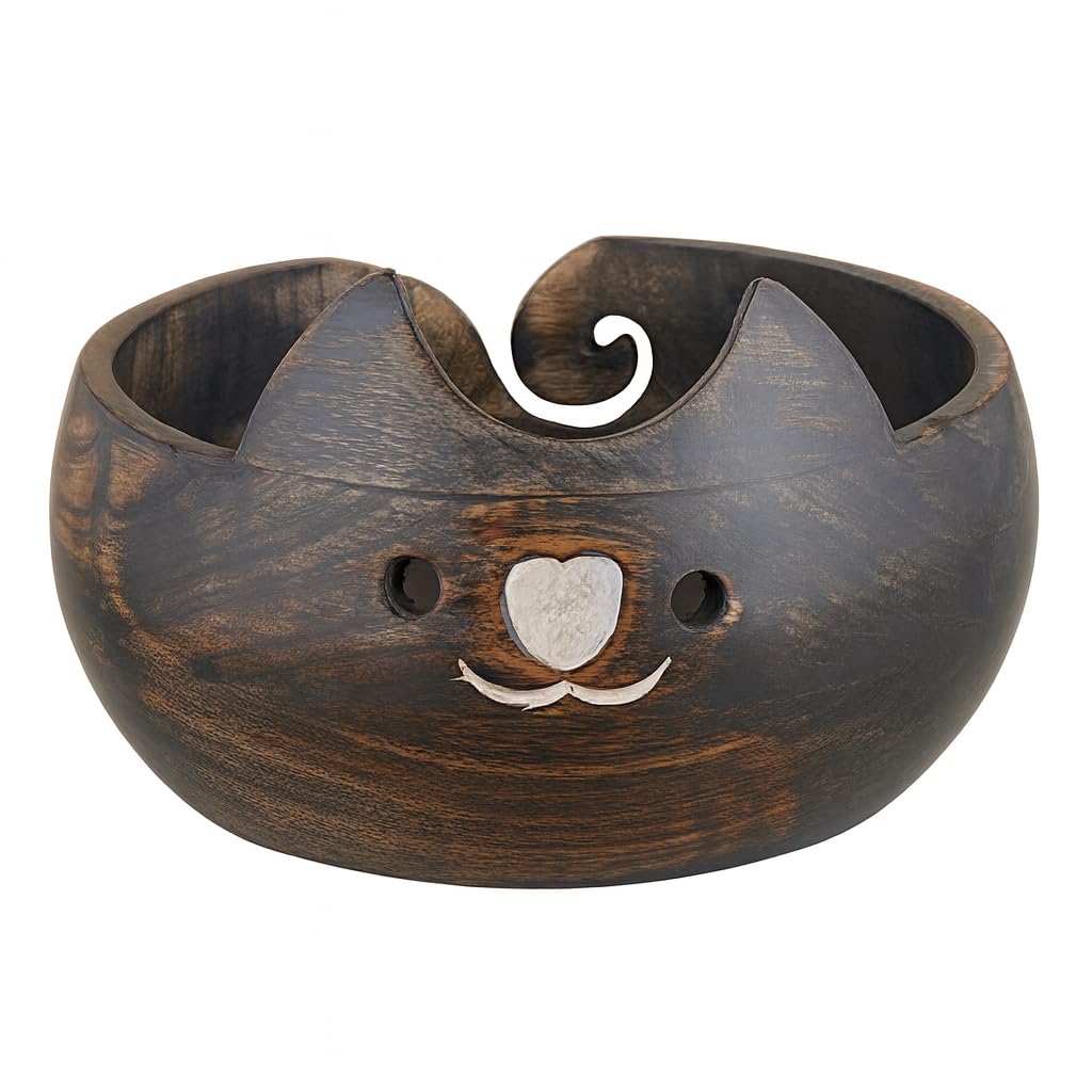 Eximious India Valentines Day Gifts for Women Wooden Yarn Bowl Knitting Cat Bowl Large Crochet Yarn Holder YB2203 Handmade Crocheting Accessories and Supplies Organizer 7 x 3