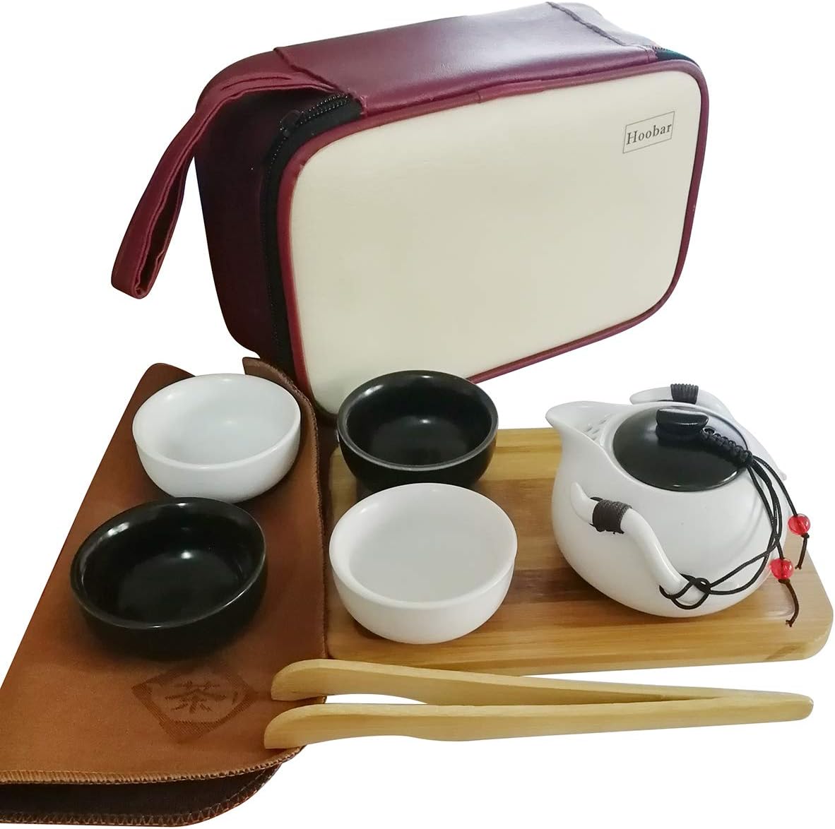 Hoobar Chinese Kungfu Tea Set Portable Ceramic Teacup Set Hand Made Gongfu Teapot Kit with a Travel Bag 4 Cups (White+Black)