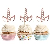ZpiLkes 24PCS Unicorn Horn Cupcake Toppers Glitter Rose Gold Decoration for Unicorn Theme Party Baby Shower Kids Birthday Party Cake Supplies
