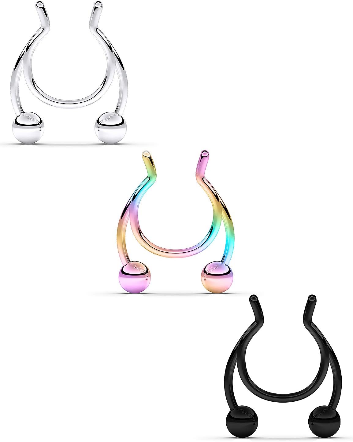 Gadeaila Fake Nose Ring Faux Septum Piercing Fake Septum Nose Hoop Rings Stainless Steel Faux Lip Ear Nose Face Septum Ring Non Piercing Clip On Moon Nose Rings Hoops 3-24pcs 8MM 20G