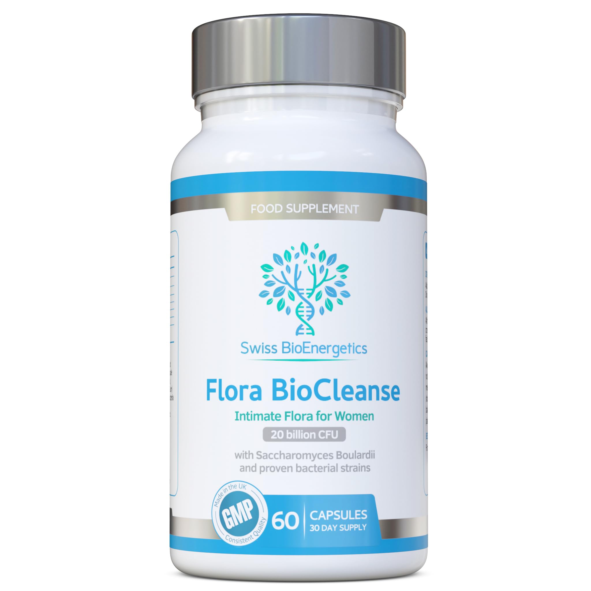 Flora BioCleanse 20 Billion CFU Daily dose - 60 Capsules - High Strength Probiotics - Saccharomyces Boulardii, Lactobacillus rhamnosus and Lactobacillus reuteri - UK Made