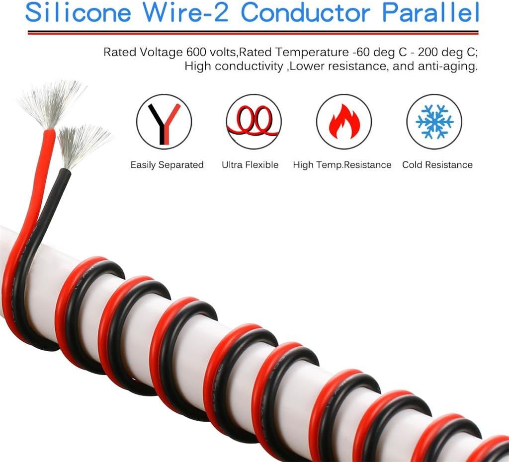 BNTECHGO 16 Gauge Flexible 2 Conductor Parallel Silicone Wire Spool Red Black High Resistant 200 deg C 600V for Single Color LED Strip Extension Cable Cord,model,100ft Stranded Tinned Copper Wire - Image 4