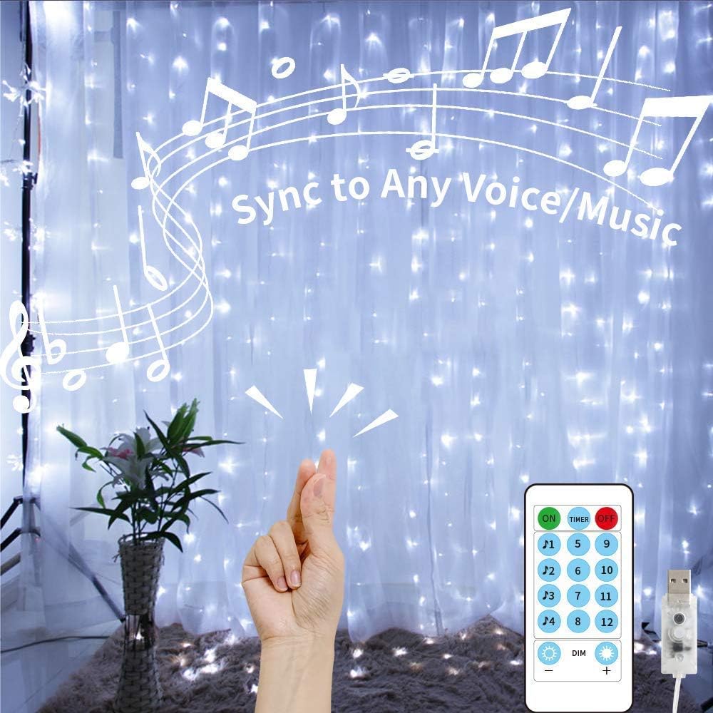 White Curtain Lights String,9.8Ftx9.8Ft 300 LED Hanging Fairy Lights with Remote for Bedroom Wall Decor,Sync Music Setting & 8 Modes with Auto On/Off Timer