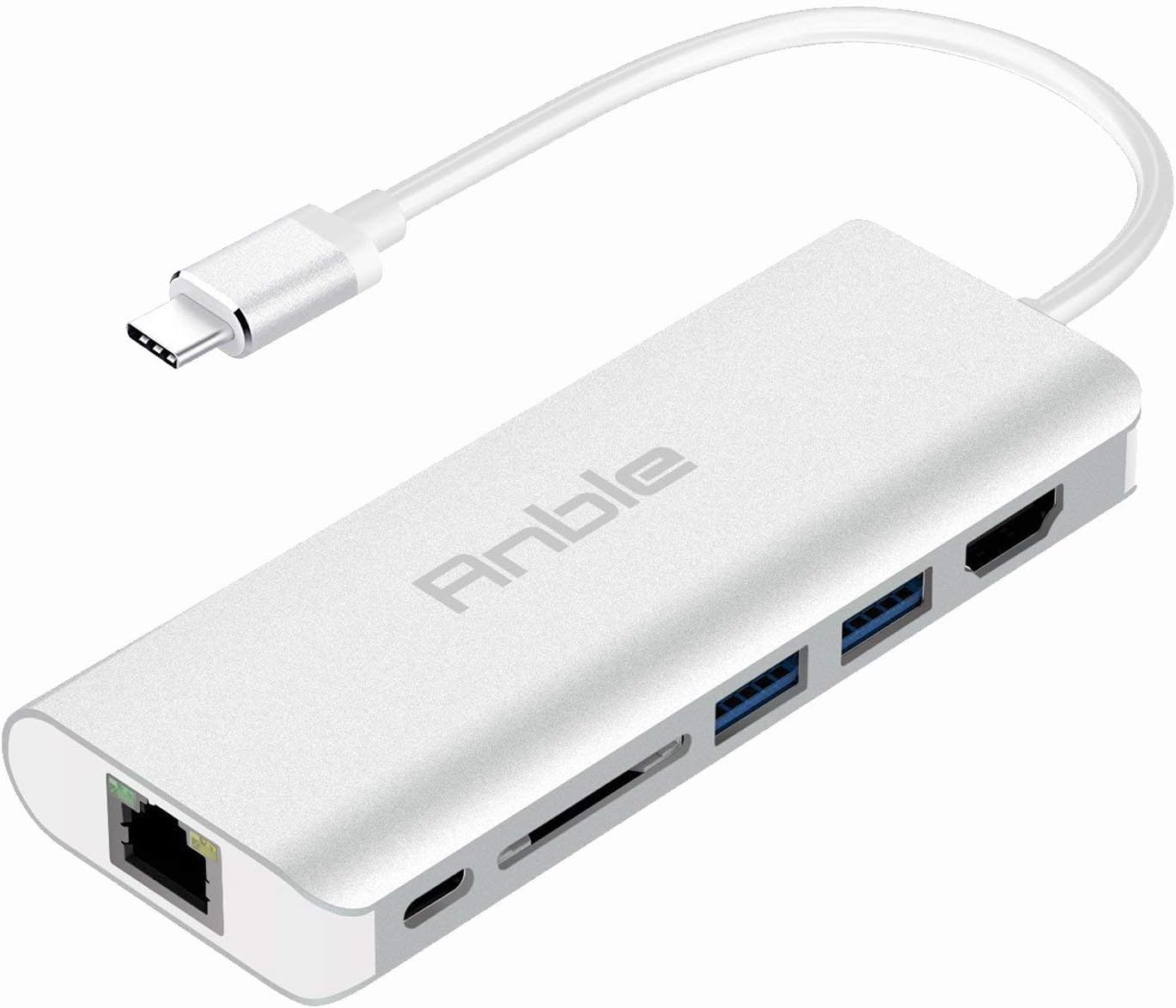 Anble 6-in-1 Thunderbolt 3 to HDMI 4K USB C Hub, Multiport Aluminum Adapter with 2 USB 3.0, Card Reader TF/SD, USB C Power Charging, Gigabit Ethernet Port for MacBook Pro 15 Dell XPS and More-Silver
