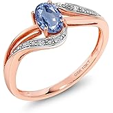 Gem Stone King 10K Rose Gold Blue Sapphire and White Diamond Women Engagement Bypass Ring (0.59 Cttw)