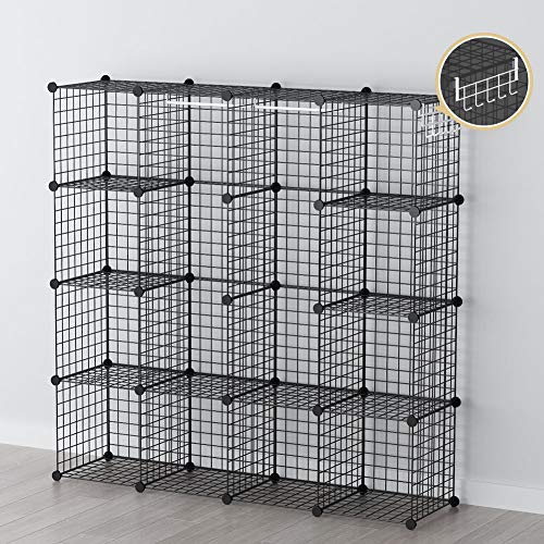 GEORGE&DANIS Wire Storage Cubes Modular Grid Organizer Customizable Metal Rack Bookcase Bookshelf MultiFuncation Shelving Unit, Black, 2 Hangers & 10 Cubes