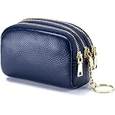 LINNO 3 Zippered Genuine Leather Coin Purse Triple Capacity Change Pouch Little Travel Wallet With Key Ring for Women