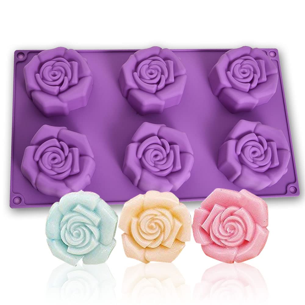 WishesMar Flower Rose Shape Silicone Mould 6 Cavity Fluted Cake Mold Nonstick Baking Bakeware Reusable Silicone Mold for Pastry, Dessert, Soap, Muffin, Bread