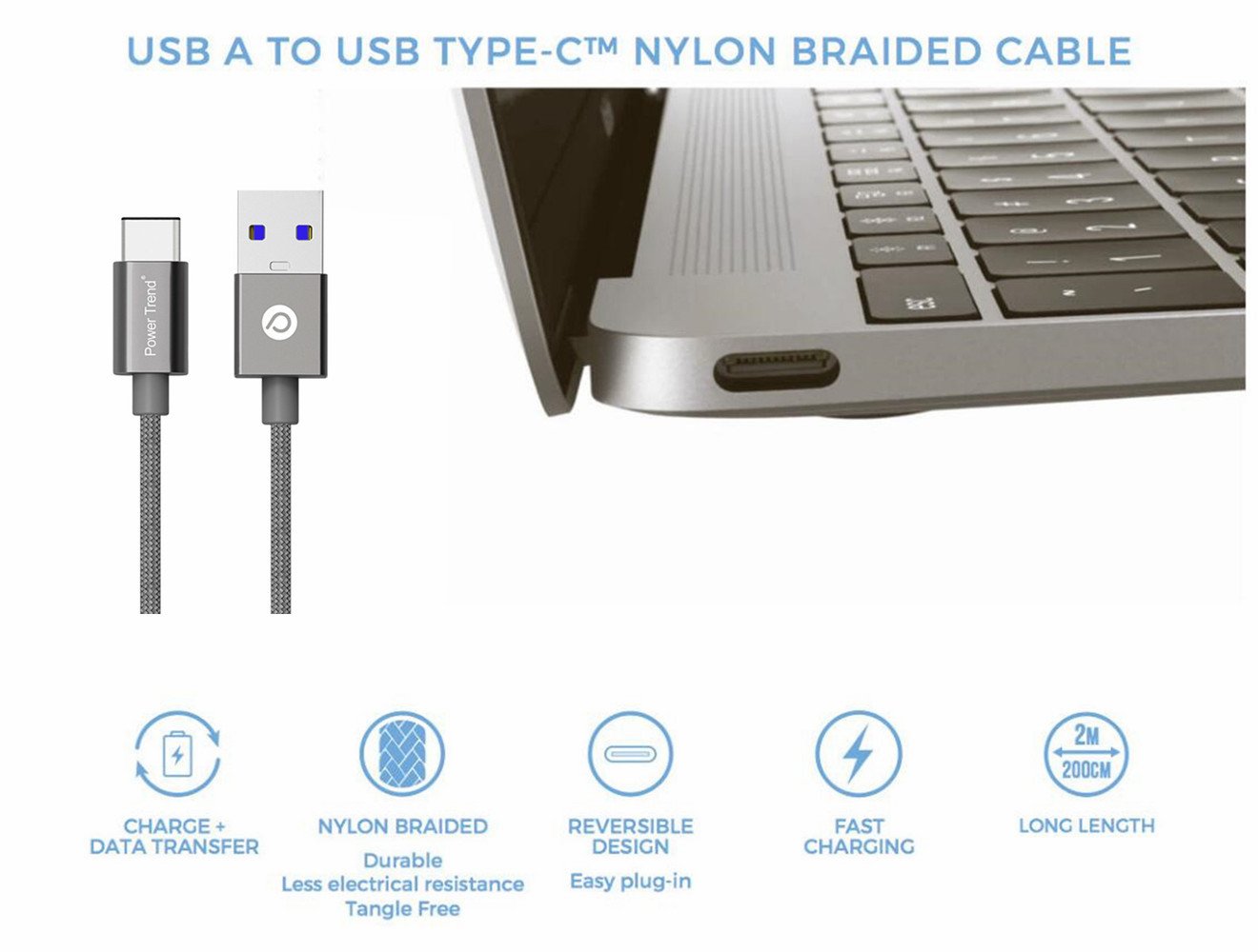 Power Trend 2M 6.6FT Nylon Braided USB Type A to Type C 3.0 Cable Data Transfer Charging Cord 5Gbps for New Apple MacBook PD Power Delivery and Nintendo Switch (Space Gray)