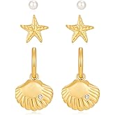 MIJENITI Beach Eearrings for Women - Dainty Gold Plated Hypoallergenic Pearl Starfish SeaShell Dangle Huggie Stud Earrings Set | Summer Ocean Boho Waterproof Jewelry