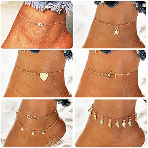 Suyi 6Pcs Adjustable Beads Charm Anklet Chains for Women Girl Sexy Slim Beach Foot Chains Jewelry Set Gold