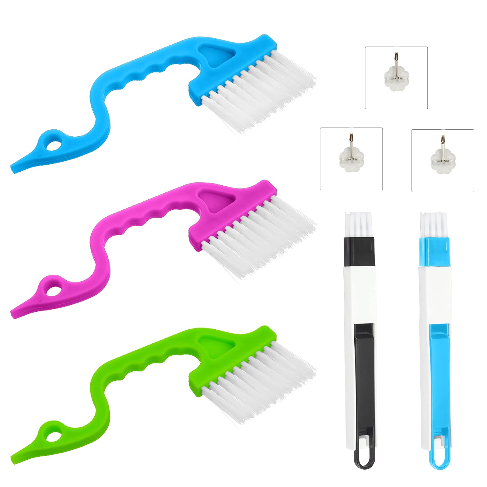 LAMEK 8pcs Window Cleaning Brush Set,Multipurpose Groove Gap Cleaning Tool,Window Slots Brush and Adhesive Hooks for Bathroom Kitchen Floor Car Track Keyboard Vents