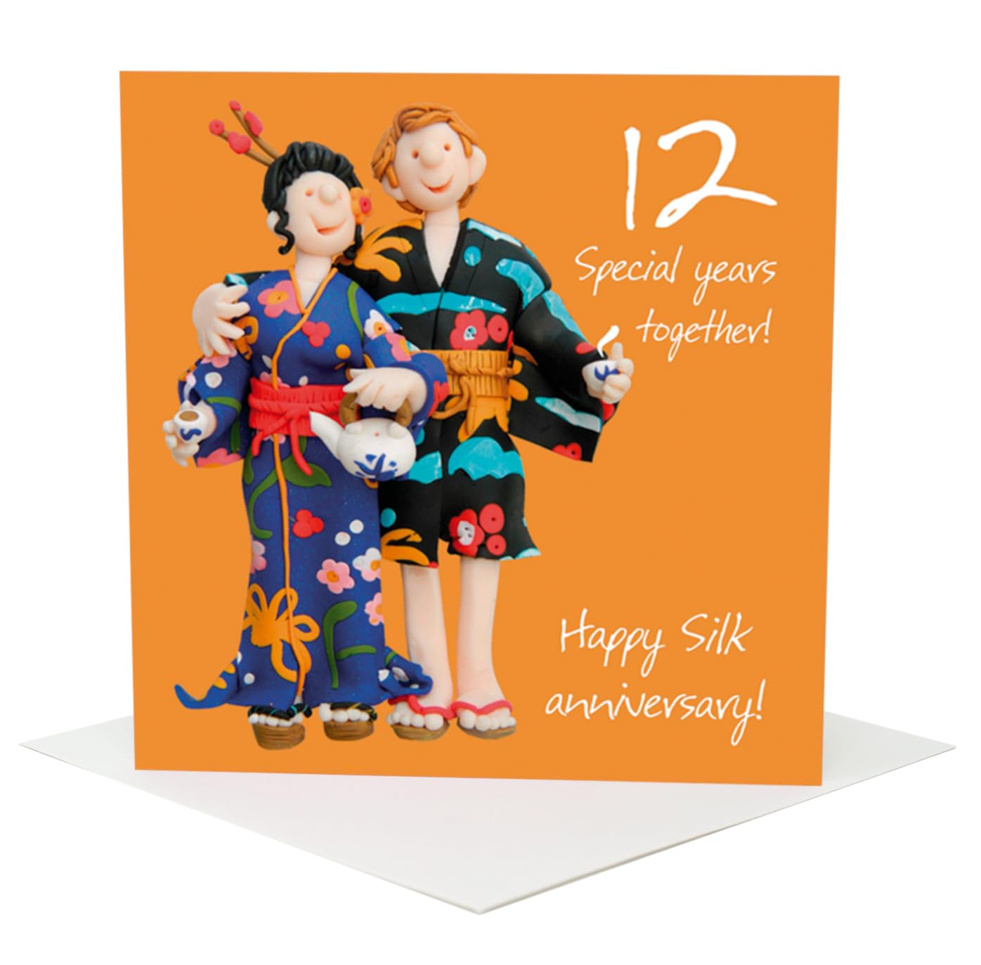Holy Mackerel twelve years together silk 12th wedding anniversary card for a couple - designed by artist Erica Sturla - 15cm square and blank inside for your message - made in the UK