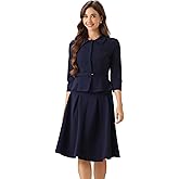 Allegra K Business Skirt Suit Sets for Women's 2 Piece Outfits Office 3/4 Sleeve Blazer Jacket Pleated Skirts
