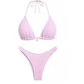 seamoly Women‘s Bikini Sets Two Piece Swimsuit Textured Halter Triangle Thong Bikini Set