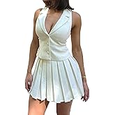 Womens 2 Piece Summer Outfits Button Down V Neck Sleeveless Blazer Vest Top A-Line Pleated Mini Skirt Set