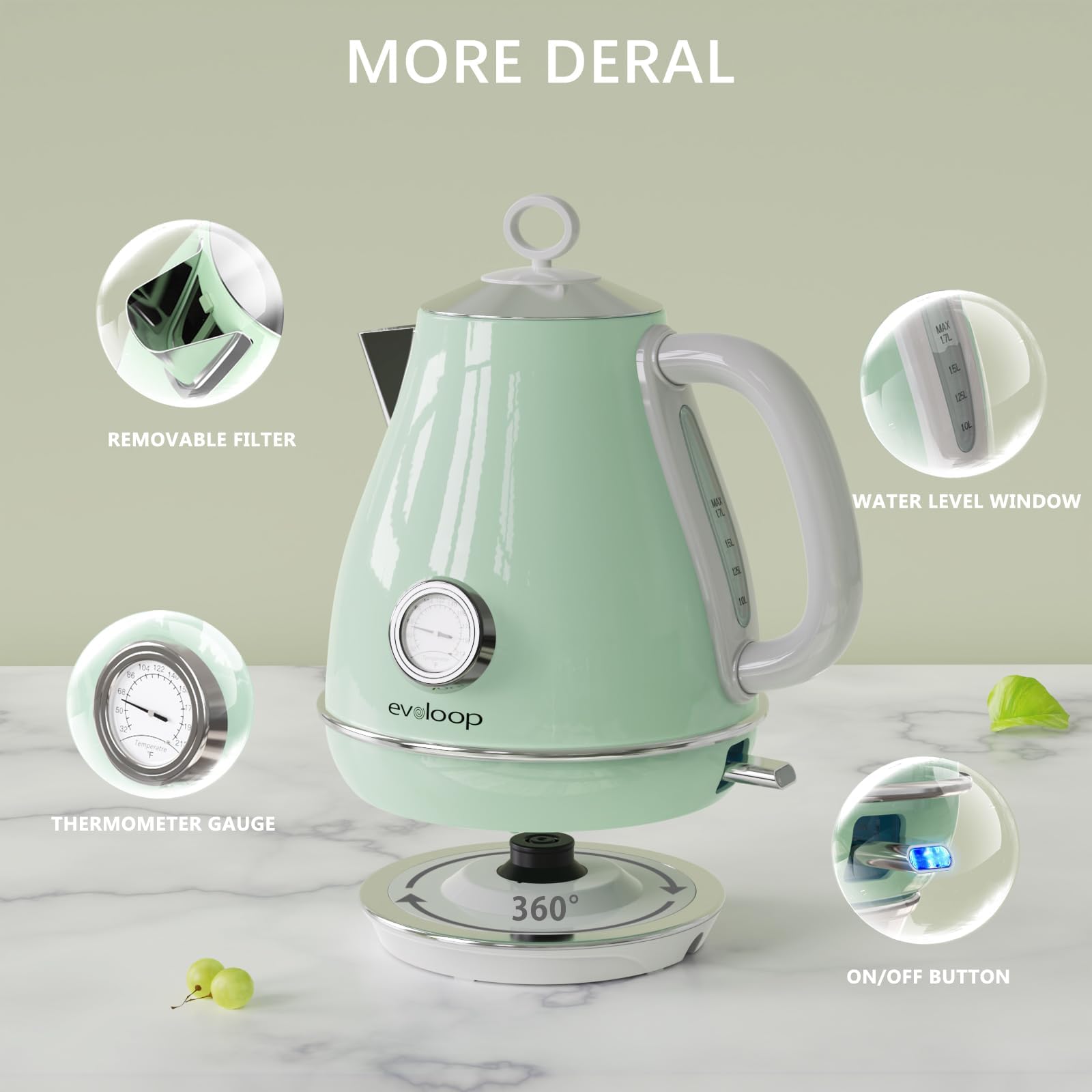 Evoloop Electric Tea Kettle, 1500W /1.7 Liter Hot Water Boiler Heater Pot, Retro Electric Kettle with Thermometer, Auto Shut-Off & Boil-Dry Protection, BPA Free,Stainless Steel Teapot