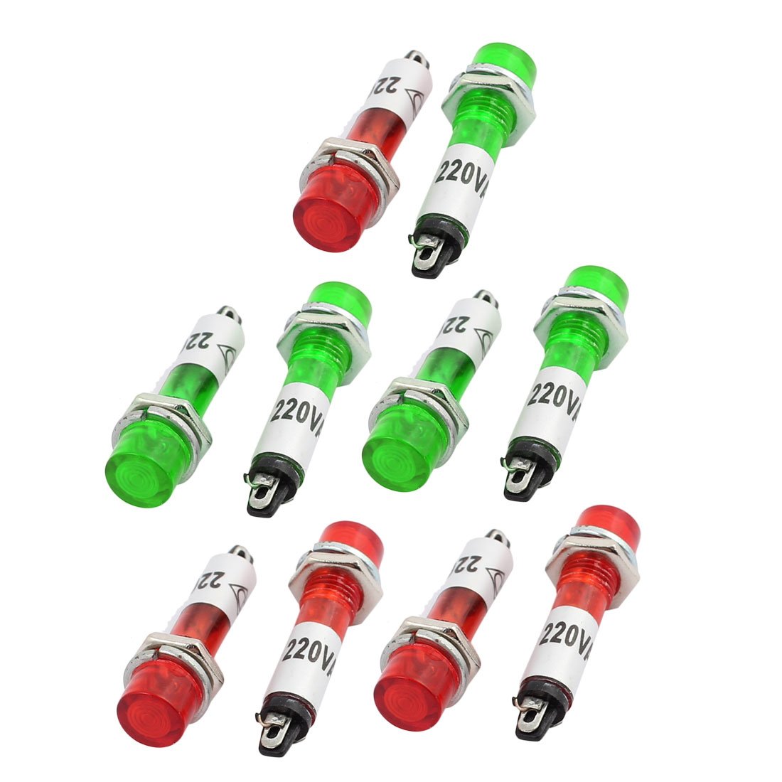 sourcingmap 10pcs AC220V Plastic 7mm Mount Dia Round Indicator Pilot Light Signal Lamp Red Green