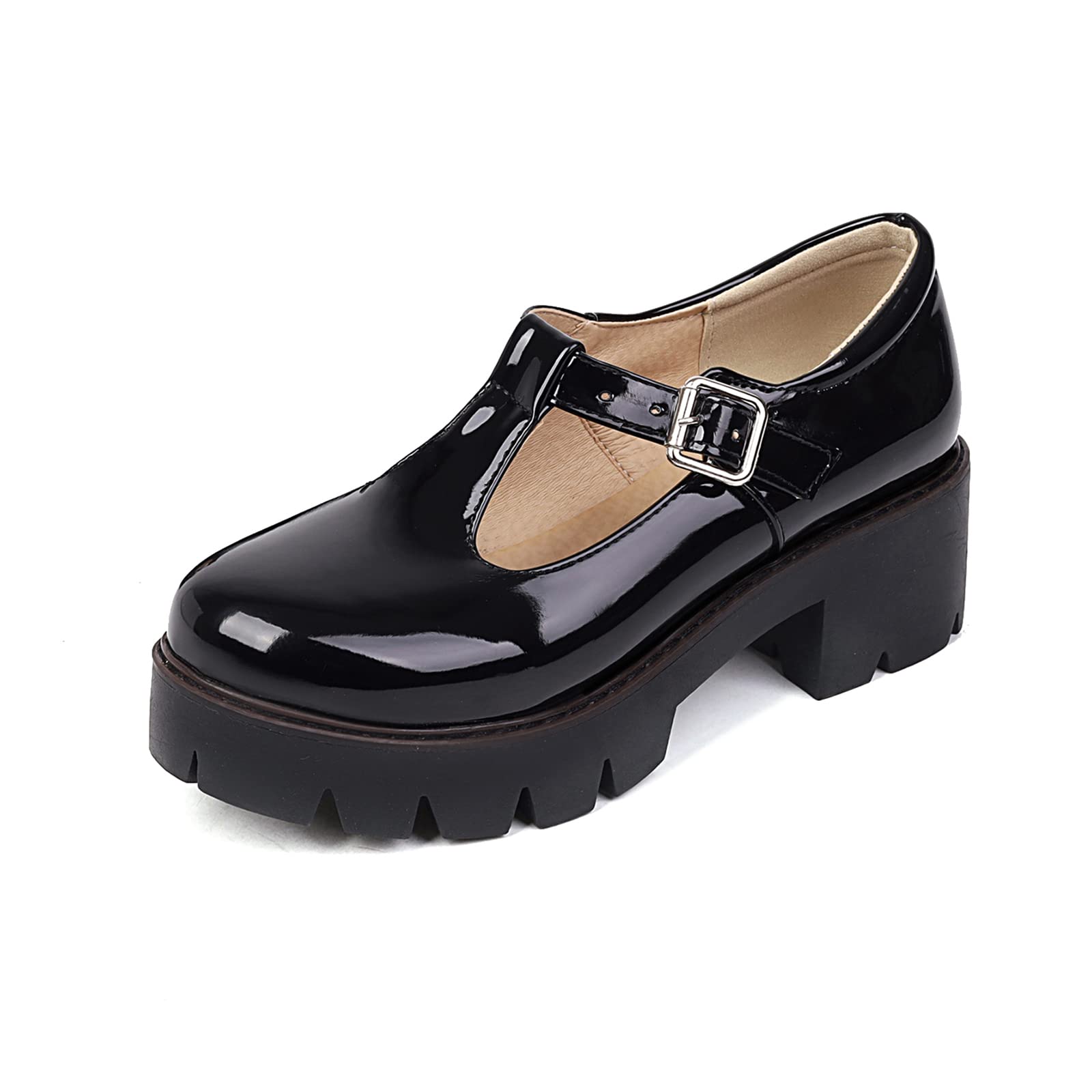 Photo 1 of JOYSTRY Mary Jane Shoes for Women Girls, Black Platform Mary Janes Chunky Heel T Strap Kawaii Lolita School Shoes (T, Black, US, 11)