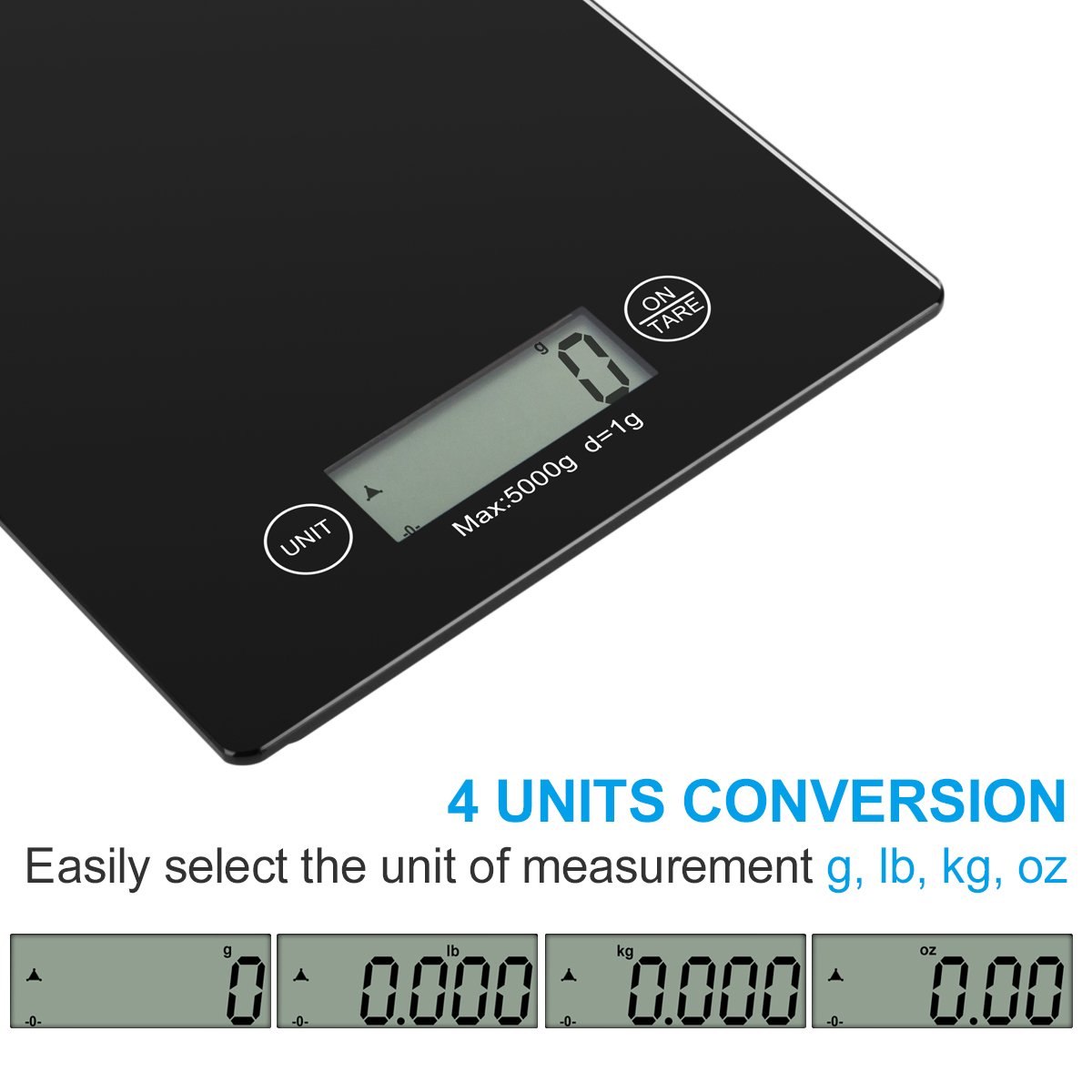 Vellepro Digital Kitchen Scale with 4 Units,Large LCD Display, Auto Off,Tare Function,Multifunction Food Scale with Water-Resistant Tempered Glass Surface,Touch Sensitive Button(Batteries Included)