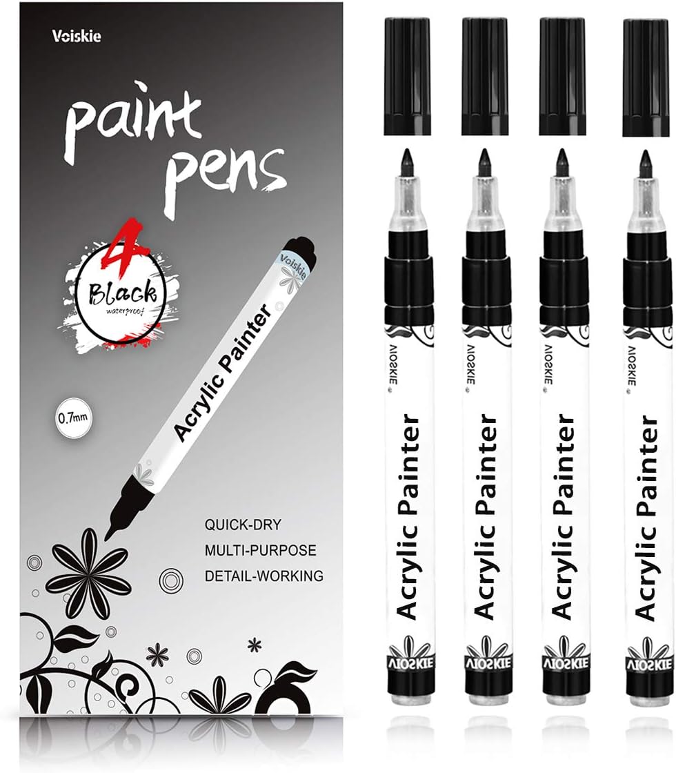 Black Paint pens,4 Pack 0.7mm Acrylic Black Permanent Marker,Black Markers for rock