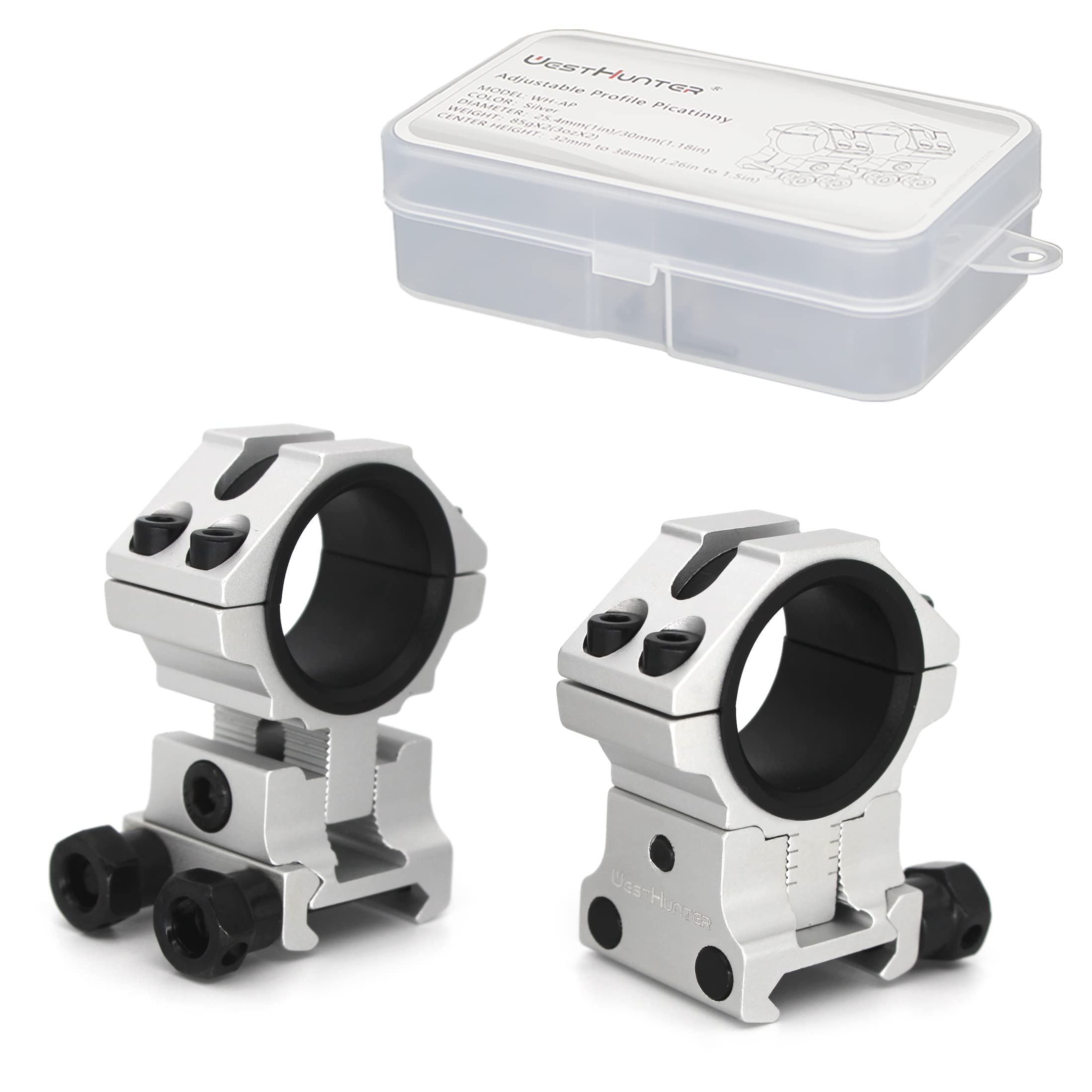 WestHunter Optics Adjustable Height Picatinny Scope Rings, 1 Inch 30 mm Precision Scope Mount | Silver