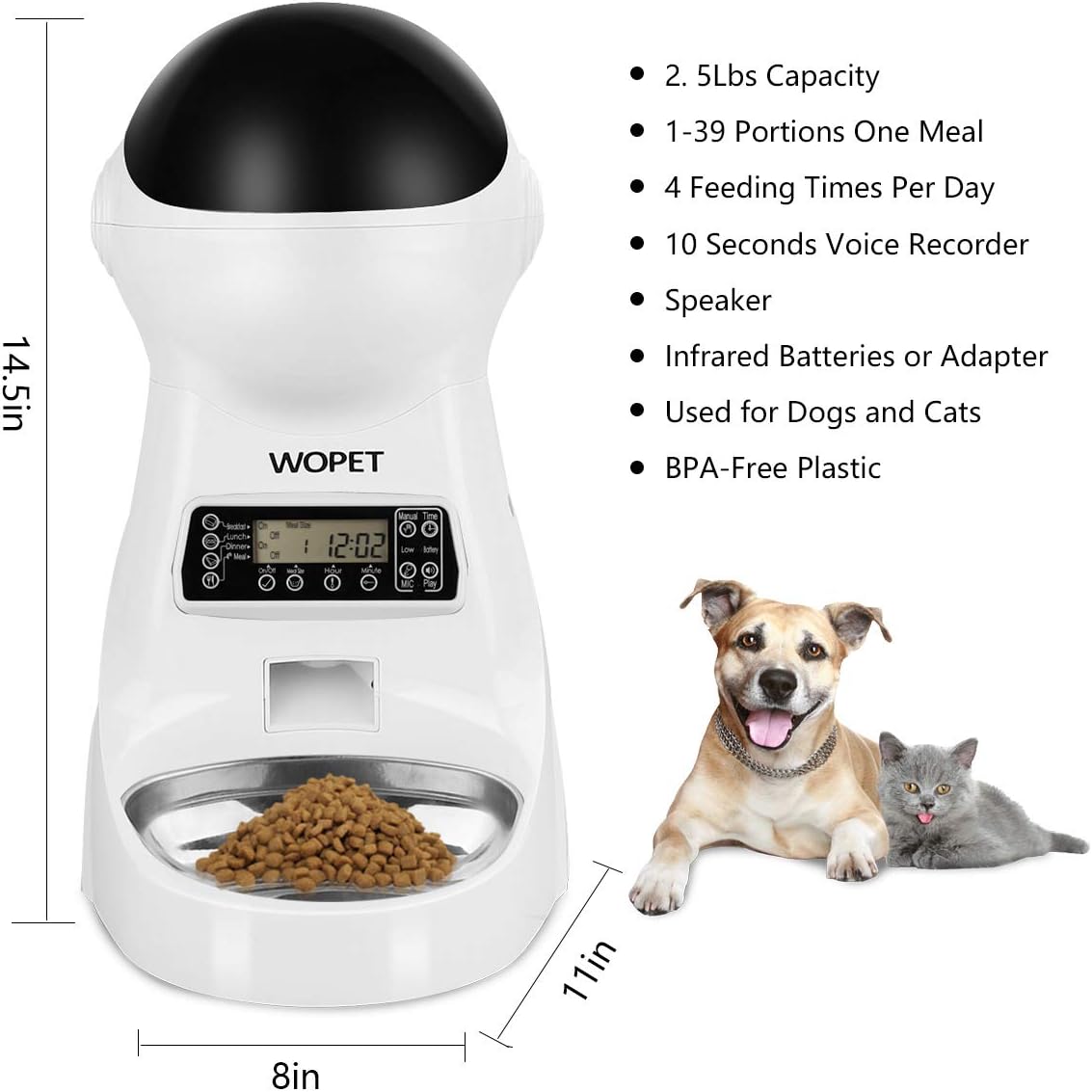 Pet Supplies : WOPET Automatic Cat Feeder, 3L Auto Dog Food Dispenser with Stainless Steel Food Bowl, 1-4 Meals per Day Voice Recorder and Portion Control for Small & Medium Pets : 