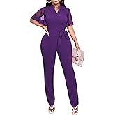 Yiershu Women's Jumpsuits Casual Dressy One Piece Outfits V Neck Formal Short Sleeve Mesh Ruffle Sleeve Romper