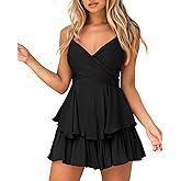 Hocuos Women's Dress Sexy V-Neck Adjustable Spaghetti Strap Waist Tie Sleeveless Layer Ruffle Hem A Line Mini Dresses