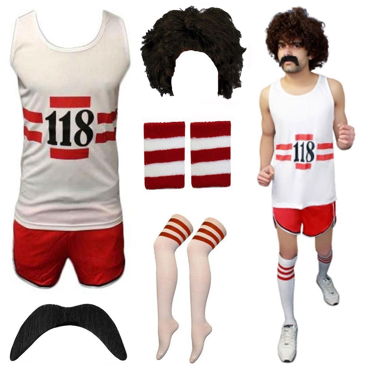 21Fashion Womens 118 Retro Fancy Dress Marathon Costume Mens Stag Do Vest, Short, Wig, Tash, Band and Socks Set Full Set Small Mens