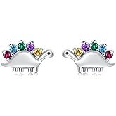 Rainbow Dinosaur Earrings for Womens 925 Sterling Silver Cubic Zirconia Dinosaur Stud Earring Hypoallergenic Tiny Dino Jewelry Gifts for Women