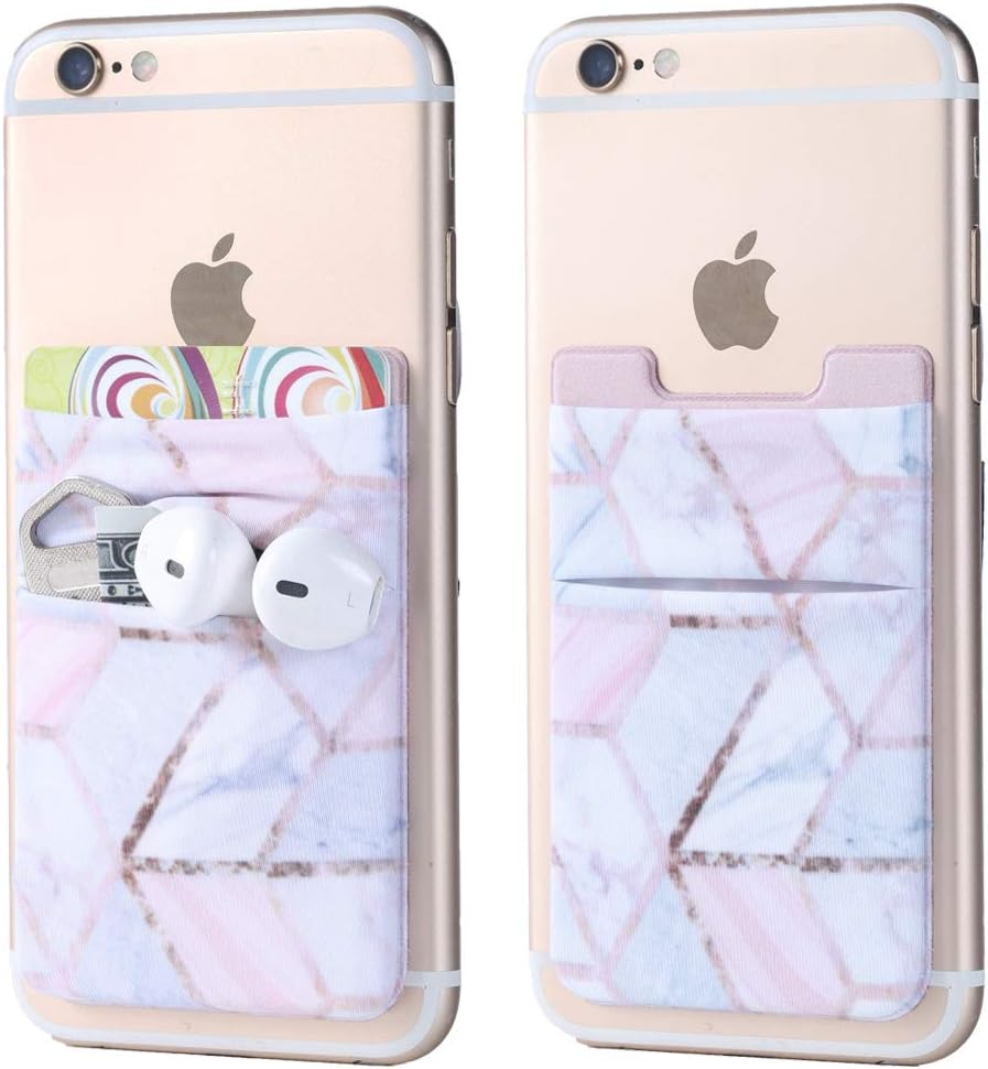 2Pack Phone Card Holder Stretchy Lycra Stick on Wallet Double Pocket Credit Card ID Case Pouch Sleeve 3M Adhesive Sticker for Back of iPhone Samsung Galaxy Android Smartphones (Rose Gold Cubic Marble)