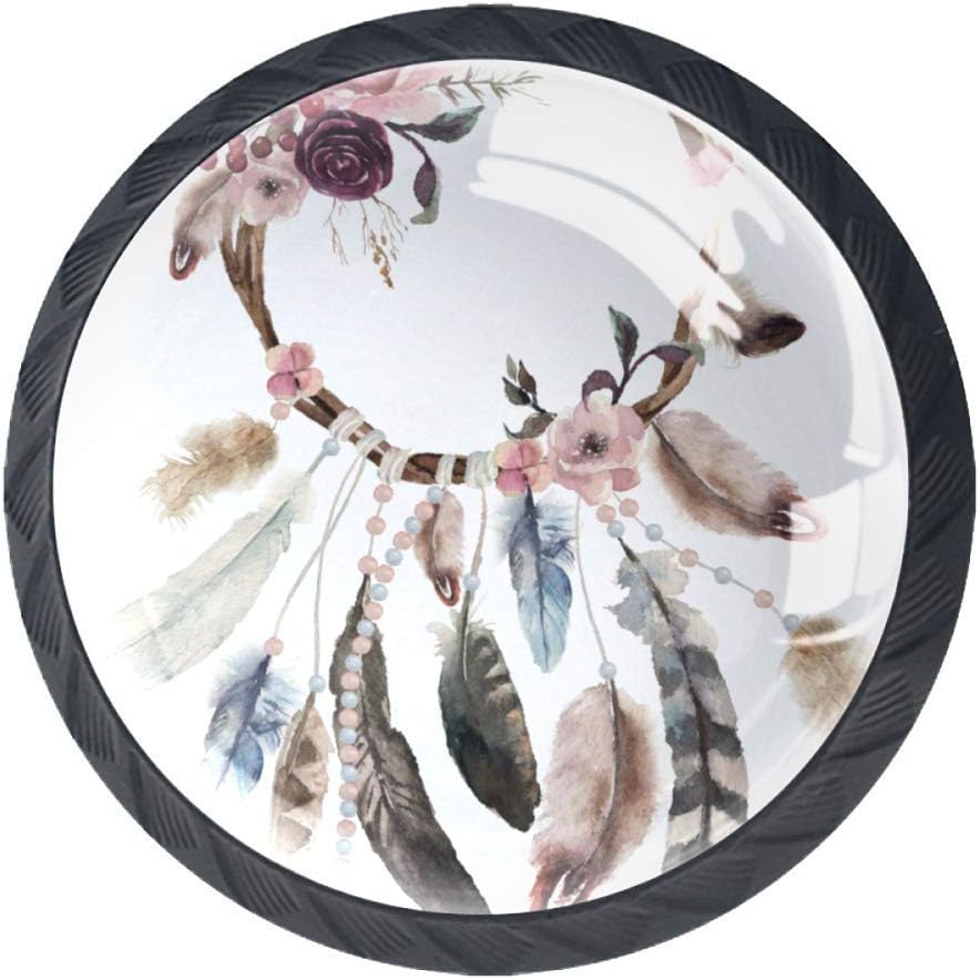 Watercolor Bohemian Dreamcatcher Feathers Chic Ethnic Tribal Print 4 pcs Glass Drawer Knobs Cabinet Knobs for Dresser Drawers Cupboard Furniture with Screws