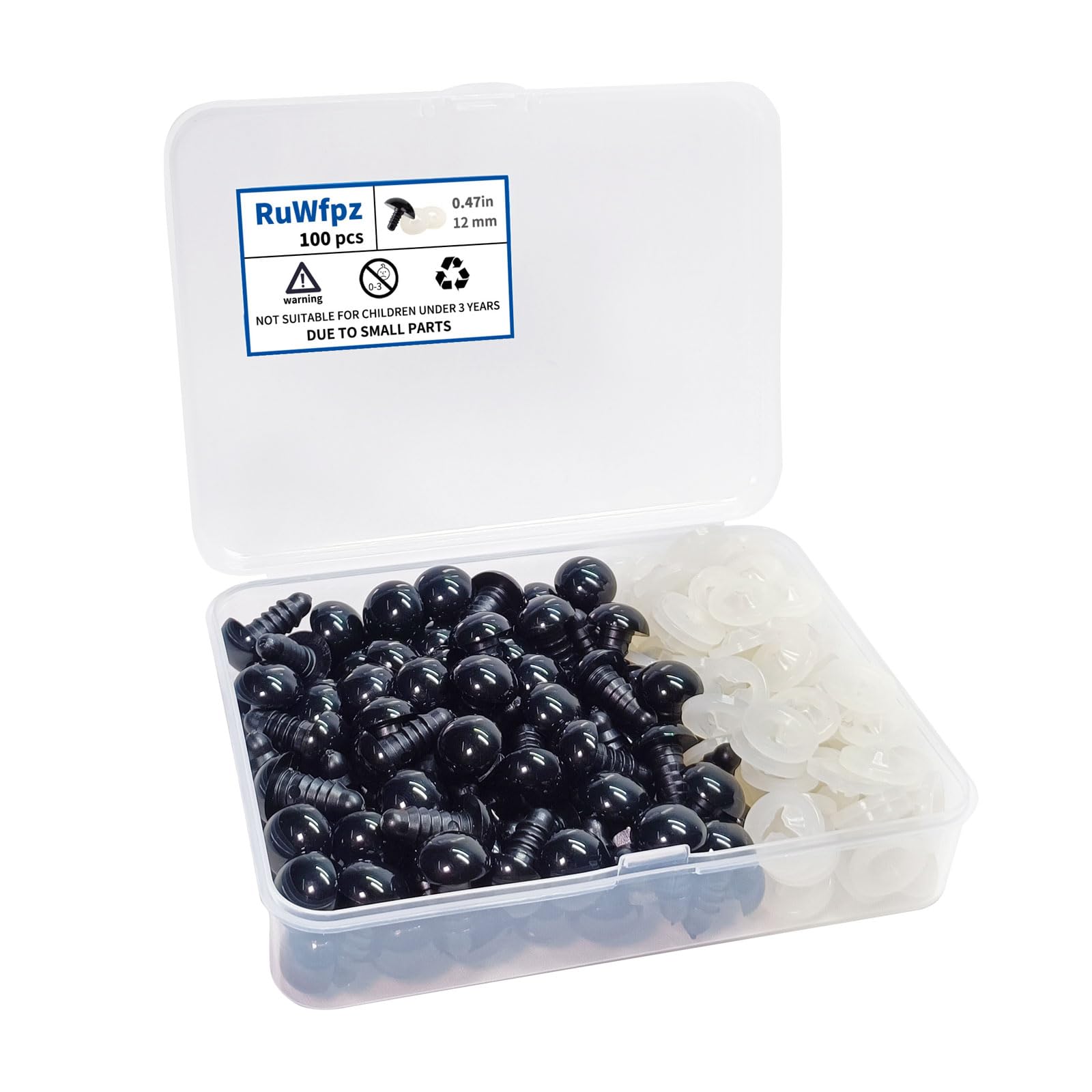 RuWfpz Safety Eyes for Crochet Toys Amigurumi 12mm 100Pcs - Doll Teddy Bear Eyes with Washers, Black Plastic Crochet Safety Eyes for Toy Making Plush Crocheting Crafting