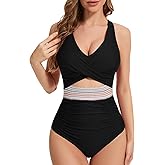 Zaverse Women's One Piece Swimsuits Color Block High Waisted Cutout Bathing Suit Tummy Control V Neck Wrap Tie Back Swimsuit