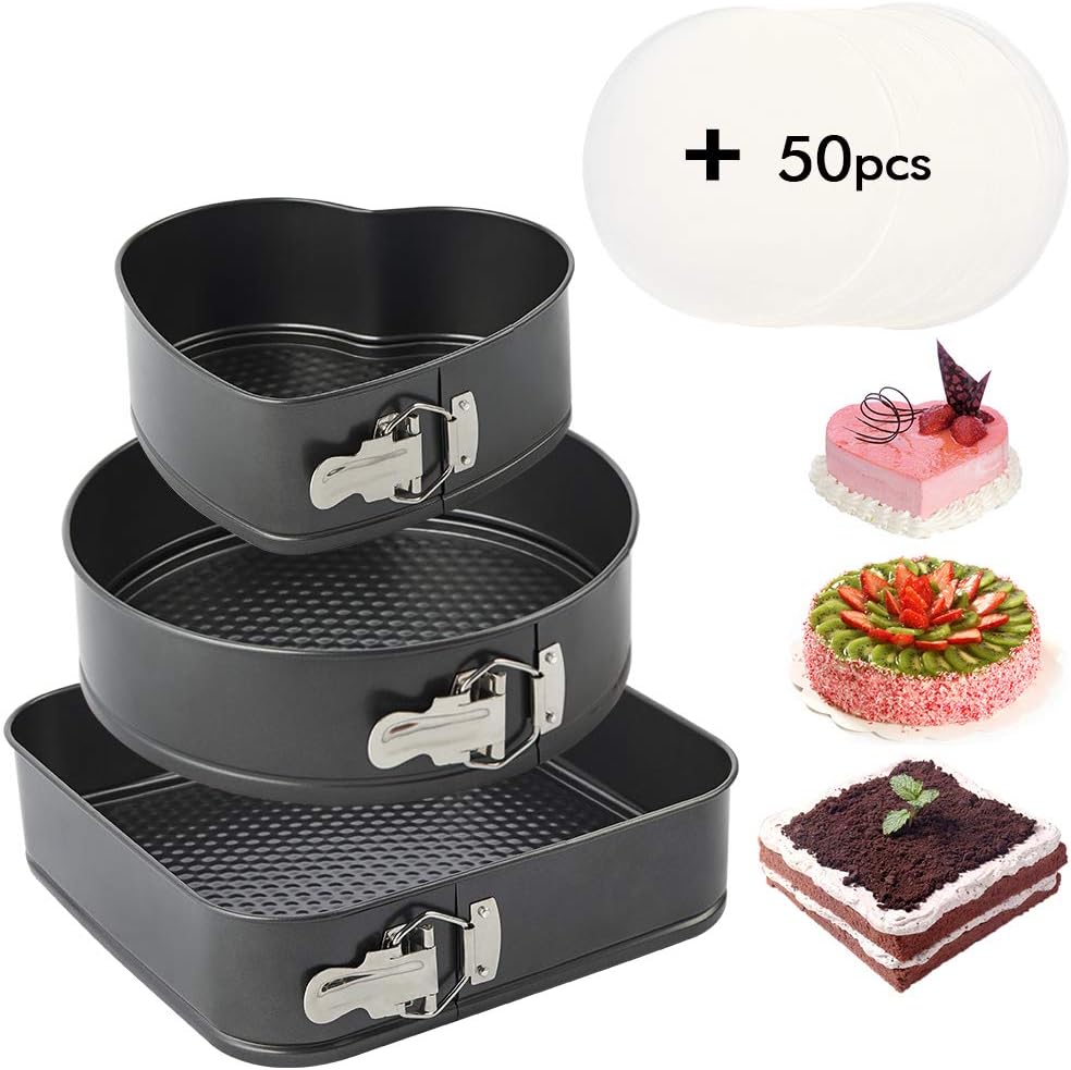 Springform Pan Set 3 Pieces/Set, Heart-shaped & Round &Square pan, Detachable, Non-stick, Baking Chesecake Pans Set for baker and baking enthusiast: Kitchen & Dining