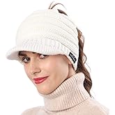 Women's BeanieTail Warm Knit Hat Messy High Bun Ponytail Visor Beanie Cap
