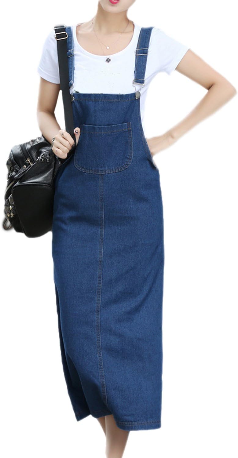 Vemubapis Women Denim Overall Dress Jeans Jumper Adjustable Pinafore Dresses Skirt