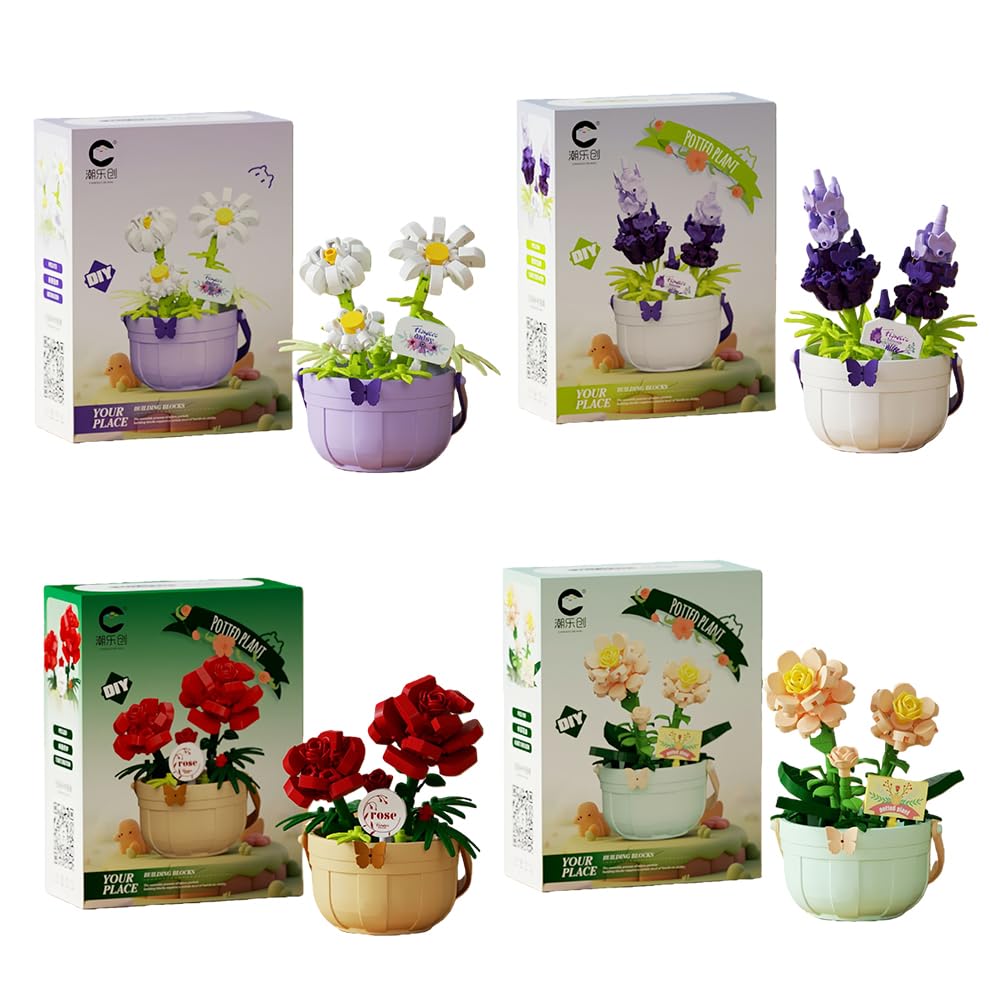 Mini Flower Building Blocks, Flower Bouquet Building Blocks Set, Flower Building Blocks, 3D Toy DIY Set Themed Office Décor Birthday Gifts for Enthusiasts New Year Gifts - 4PCS (B) — image 1