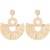 Viva Joya Large Boho Raffia Fan Tassel Drop Dangle Earrings for Women, Handmade Lightweight Woven Beach Statement Jewelry