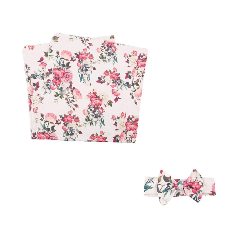 Infant Floral Wrap With Bow Headbands and Soft Stretchy Blanket Sack - Photo Booth Prop for Newborn Unisex - Pink 2pcs