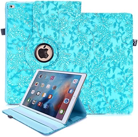 Rhino Cases iPad Pro 12.9 inch Case (1st Generation, 2015 Model A1584/A1652), PU Leather 360 Rotating Cover Stand with Strap and Auto Wake/Sleep, Apple Pencil Holder, Flower Blue/Turquoise