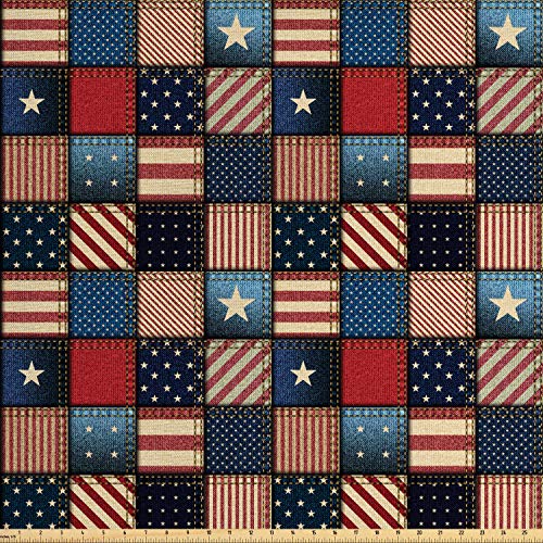 LunarableUnited States Fabric by The Yard, American Flag Patchwork Vertical and Horizontal Stripe Star Forms, Decorative Fabric for Upholstery and Home Accents, 2 Yards, Blue Red