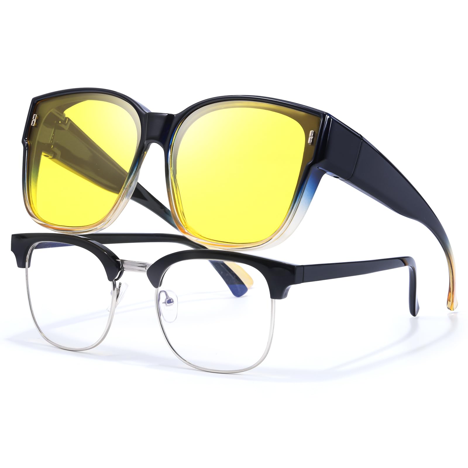 LVIOE Night Driving Fit Over Glasses Polarised Trendy Modern Yellow Tinted Lens Anti-Glare for Night Vision Headlight Glasses