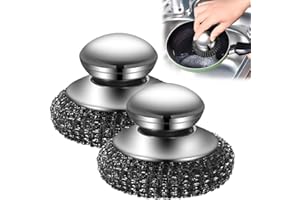 JIEXILY 2025 New Stainless Steel Wool Scrubber with Handle, Heavy Duty Scrubber Detachable Metal Steel Scrubber Wool Pads for Cleaning Dishes, Cast Iron Pots, Stoves, Kitchen Sink (2 Pcs)