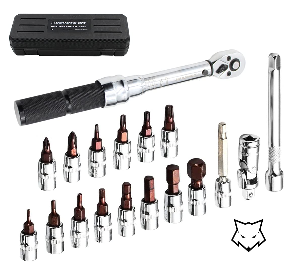COYOTE MT 1/4 Inch Drive Click 1/4" Torque Wrench Set - S2 Bits – 2 to 20Nm - Bicycle Maintenance Kit for Road Bikes, Mountain Bikes, Motorbikes – Allen & Torx Sockets, Extension Bar, Case