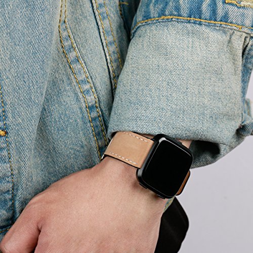 Leather Band for Fitbit Versa, UNEXTATI Genuine Leather Watch Replacement Strap with Metal Buckle, Fitbit Versa Wristband Accessories - Apricot